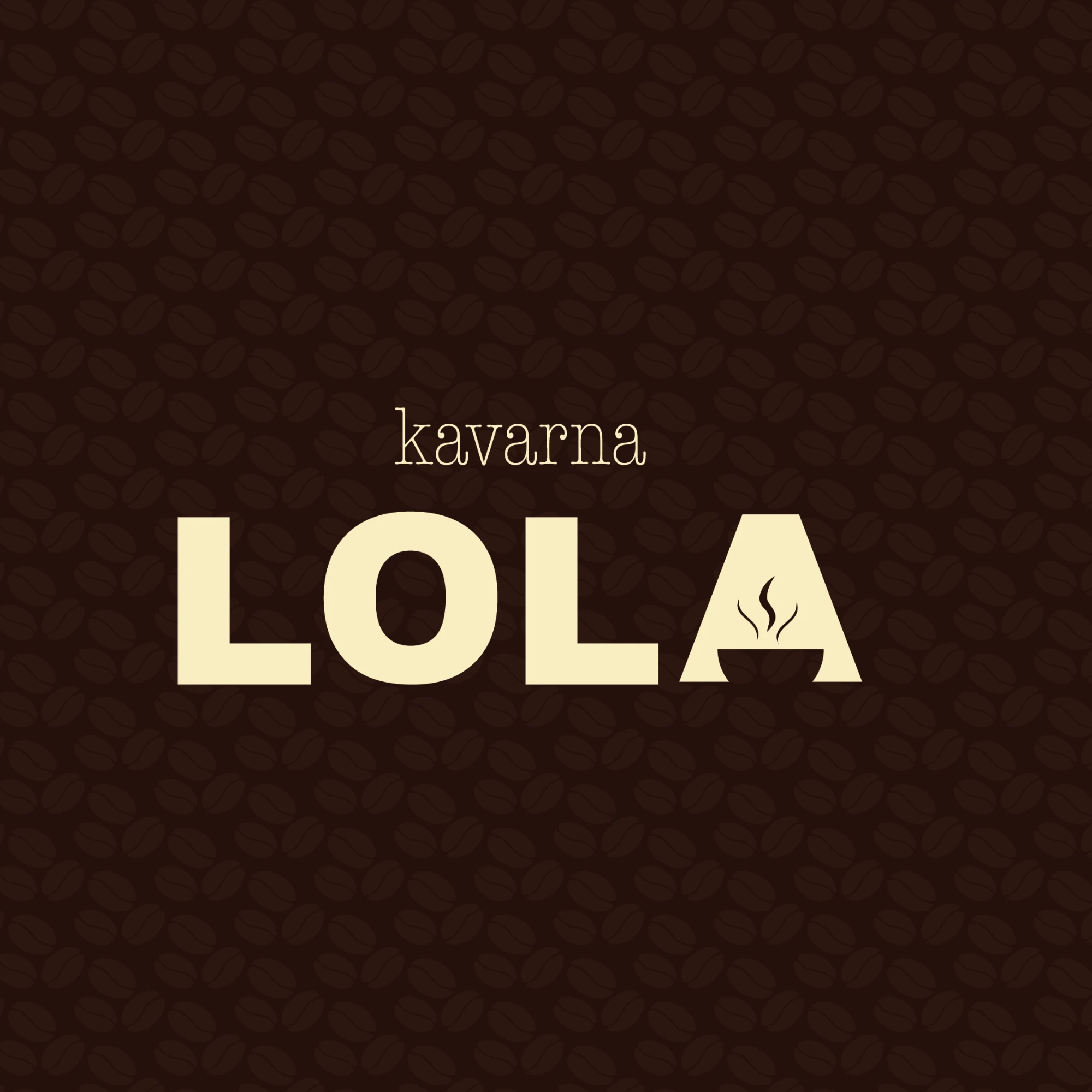Kavarna Lola: svetel logotip na temno rjavem vzorcu kavnih zrn
